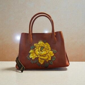 BNWT Sharif Brown Leather Purse with Raised Yellow Flower W/Dust Bag